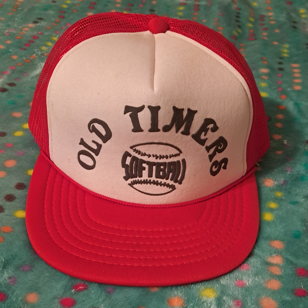 Vintage Mad Hatter Brand snapback hat.  Old Timers Softball.  Red & White